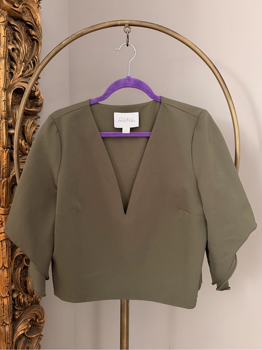 Anthropologie Mare Mare V-Neck Olive Green Cropped Blouse